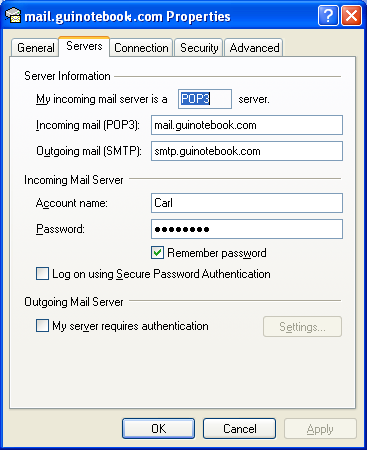 Servers Tab of Properties Dialog